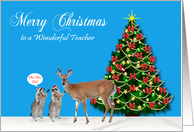Christmas to Teacher, Raccoons with reindeer and decorated tree card