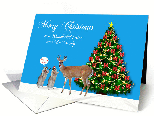 Christmas to Sister and Family, Raccoons with reindeer and... (883329)