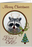 Christmas, general, Raccoon with antlers and a tree in a fancy frame card