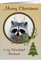 Christmas to Husband with a Raccoon Wearing Antlers in a Fancy Frame card