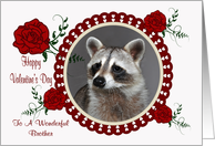 Valentine’s Day To Brother, Raccoon in a heart frame with roses, white card