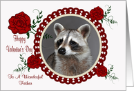 Valentine’s Day To Father, Raccoon in a heart frame with roses, white card