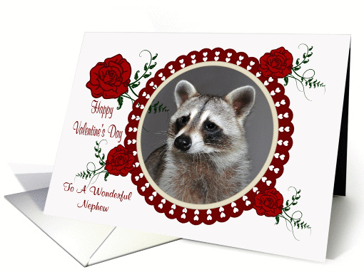 Valentine's Day To Nephew, Raccoon in a heart frame with roses card