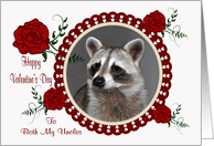 Valentine’s Day To Both Uncles, Raccoon in a heart frame with roses card