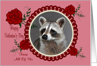 Valentine’s Day From All Of Us, Raccoon in a heart frame with roses card