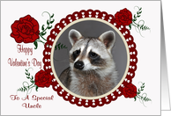 Valentine’s Day To Uncle, Raccoon in a heart frame with roses, white card