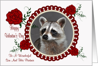 Valentine’s Day To Son and Partner, Raccoon in a heart frame, white card