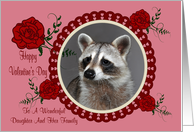 Valentine’s Day To Daughter And Family, Raccoon in a heart frame, pink card