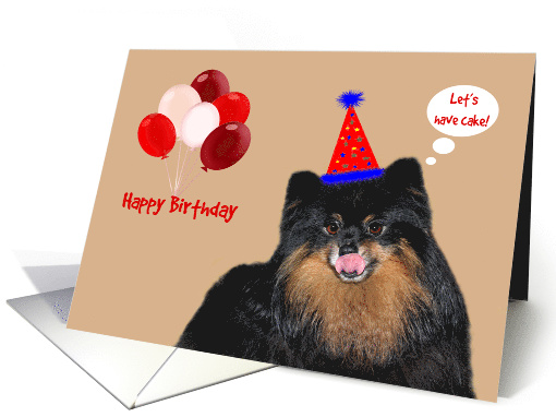 Birthday, General, Pomeranian wearing a party hat with balloons card
