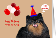 Birthday from All Of Us, Pomeranian wearing a party hat with balloons card