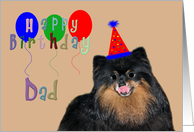 Birthday To Dad, Pomeranian wearing a party hat with balloons card
