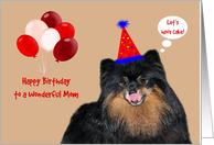 Birthday to Mom, Pomeranian wearing a party hat with balloons card