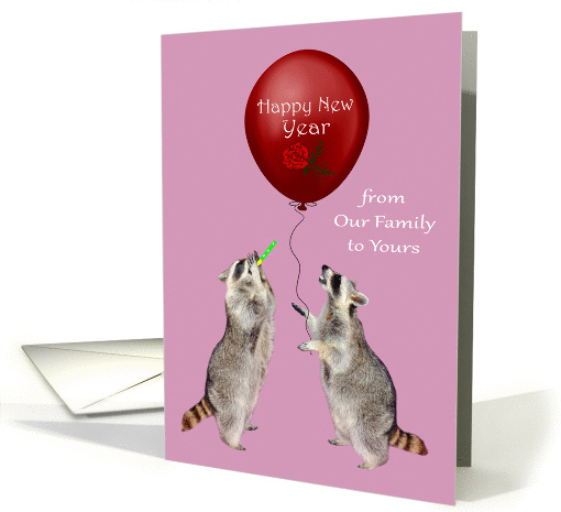 New Year From Our Family To Yours, Raccoon blowing noisemaker card