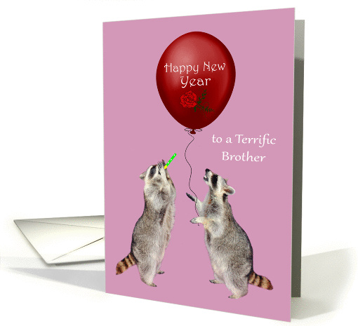 New Year to Brother, Raccoon blowing noisemaker with a balloon card