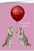 New Year to Sister, Raccoon blowing a noisemaker with a balloon card