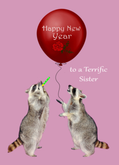 New Year to Sister, Raccoon blowing a noisemaker with a balloon