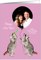 New Year Photo Card, custom, Raccoon blowing a noisemaker on purple card