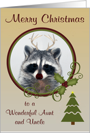 Christmas to Aunt and Uncle, Raccoon with red-nose, antlers and tree card