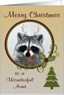 Christmas to Aunt, Raccoon with a red-nose, antlers in circle frame card