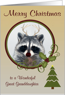 Christmas to Great Granddaughter, Raccoon with red-nose and antlers card