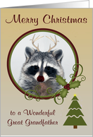 Christmas to Great Grandfather, Raccoon with antlers and tree card