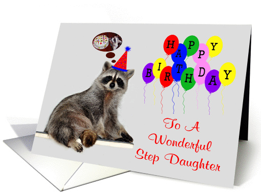 Birthday To Step Daughter, Raccoon wearing a party hat card (890882)
