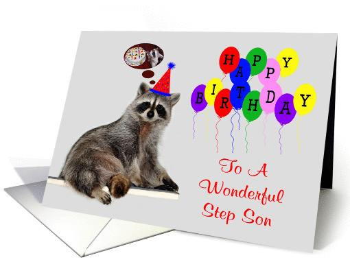 Birthday To Step Son, Raccoon wearing a party hat card (890886)
