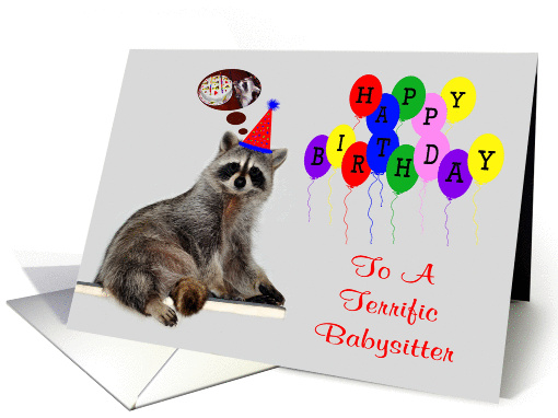 Birthday To Babysitter, Raccoon wearing a party hat card (891562)