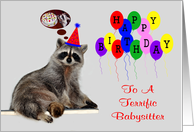 Birthday To Babysitter, Raccoon wearing a party hat card