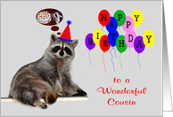 Birthday to Cousin, adorable raccoon wearing a party hat and balloons card