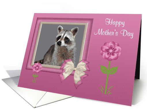 Mother's Day, general, Raccoon in bow frame with flowers on pink card