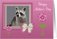Mother’s Day, general, Raccoon in bow frame with flowers on pink card