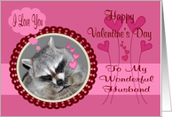 Valentine’s Day To Husband, Shy raccoon in red heart frame on pink card