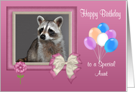 Birthday to Aunt, Beautiful raccoon in bow frame with balloons, flower card