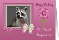 Birthday To Daughter-in-Law, Raccoon in bow frame with flowers card