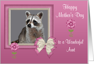Mother’s Day to Aunt, Raccoon in bow frame with flowers on pink, white card