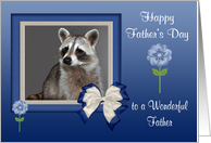 Father’s Day To Father, Raccoon in a blue bow frame with blue flowers card