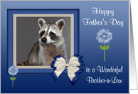 Father’s Day To Brother-in-Law, Raccoon in bow frame with blue flowers card