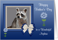 Father’s Day to Nephew, Raccoon in a blue bow frame, blue flowers card