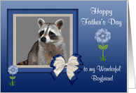 Father’s Day to Boyfriend, Raccoon in blue bow frame with flowers card