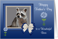 Father’s Day to Boss, Raccoon in a blue bow frame with blue flowers card