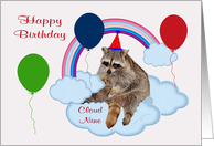 Birthday, general, adorable raccoon sitting on cloud nine, balloons card