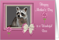 Mother’s Day To Boss, Raccoon in bow frame with flowers on pink, white card