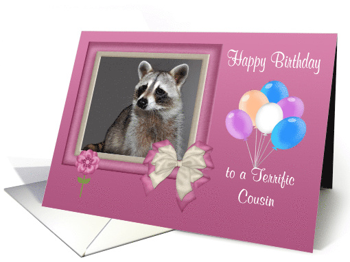 Birthday to Cousin, beautiful raccoon in bow frame with flowers card