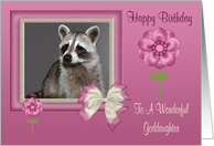 Birthday To Goddaughter, Raccoon in bow frame with flowers card