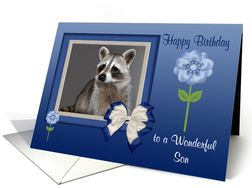 Birthday To Son, Raccoon portrait in bow frame with flowers, blue card
