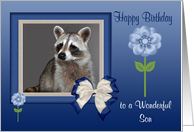 Birthday To Son, Raccoon portrait in bow frame with flowers, blue card