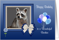 Birthday to Brother, a beautiful raccoon in a bow frame with a flower card