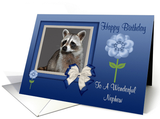 Birthday To Nephew, Raccoon in bow frame with flowers card (898073)