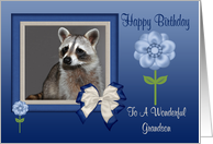 Birthday To Grandson, Raccoon in bow frame with flowers card